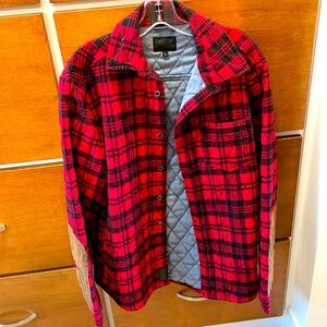 Manmade apparel quilted red & black plaid Shacket. Sz L, brown arm patches